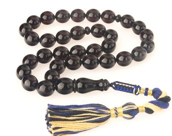 Natural Black Baltic Amber Tasbih, Large 33 Prayer Beads, Handmade Islamic Misbaha, Muslim Gift