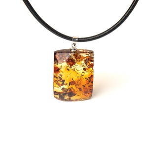 Genuine Baltic Amber Stone with Natural Inclusions–Sterling Silver & Leather