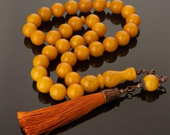 Baltic Butterscotch Amber Tasbih 33 Beads – Handcrafted Islamic Prayer Rosary, Round Yellow Amber Misbaha