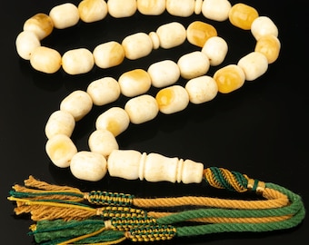 White Baltic Amber Tasbih – 33 Tiger Amber Prayer Beads | Handmade Islamic Misbaha Gift