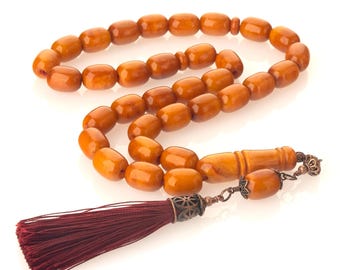 Large Amber Tasbih – Old German Amber Color Misbaha, 33 Islamic Prayer Beads