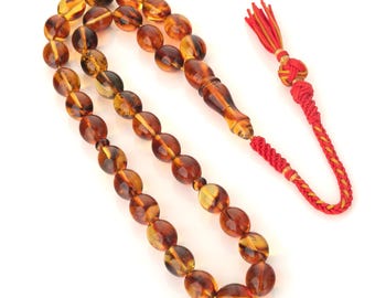 Misbaha Tasbih de âmbar báltico genuíno: 33 contas de oração em formato de azeitona, 35g