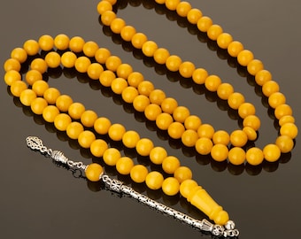 Baltic Amber Misbaha – 99 Islamic Prayer Beads, Butterscotch Tasbih, 925 Sterling Silver Tassel