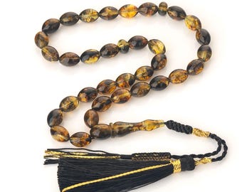 Handcrafted Baltic Amber Tasbih – 33 Natural Olive Green Prayer Beads, Islamic Misbaha, Amber Rosary