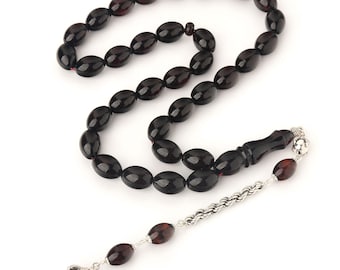 Amber Tasbih-Sibha-33 Islamic Prayer Beads,61g-Handmade Amber Rosary -Кehribar-Amber Tesbih-Amber Misbaha-Silver Tassel