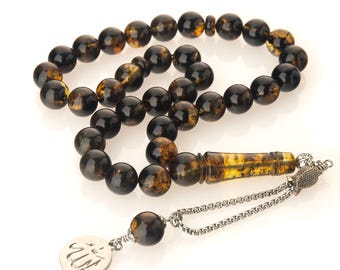 Handmade Dark Green Baltic Amber Tasbih – 33 Prayer Beads | Natural Amber Misbaha | Islamic Gift