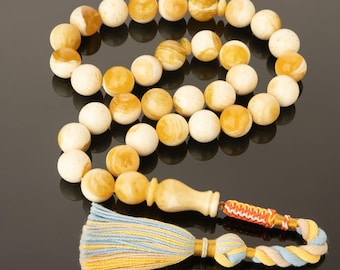 Large Royal White Baltic Amber Tasbih – Handmade Honey Amber Islamic Prayer Beads, Misbaha Gift