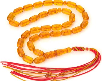 Handcrafted Baltic Amber Tasbih – 33 Honey Barrel Prayer Beads, Islamic Misbaha Gift for Men
