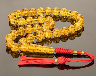 Tasbih feito à mão em âmbar do Báltico – 33 contas de oração islâmicas com borla feita à mão