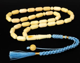 Misbaha 33 Beads, White Natural Amber Tasbih, Handmade Islamic Prayer Beads