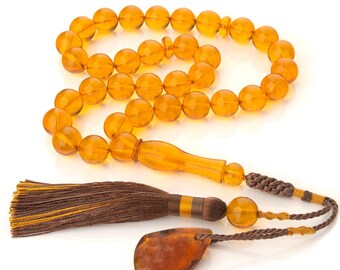Baltic Amber Tasbih – 33 Islamic Prayer Beads, Handmade Misbaha, Genuine amber nugget pendant