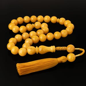 Tasbih de ámbar báltico con caramelo, 33 cuentas – Rosario islámico artesanal, misbaha redondo de ámbar amarillo