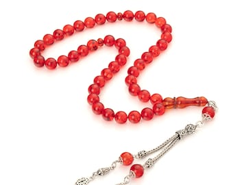 Handmade Red Baltic Amber Misbaha: 925 Silver Tassel Islamic Prayer Beads