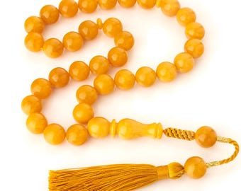 Tasbih de ámbar báltico con caramelo, 33 cuentas – Rosario islámico artesanal, misbaha redondo de ámbar amarillo