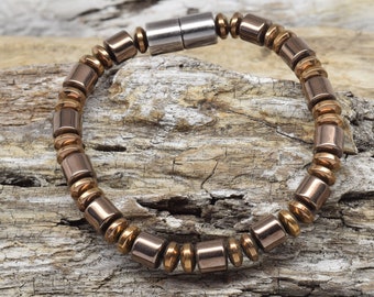 Magnetic Hematite & Copper Bracelet – Extra Strength Magnetic Clasp, Handmade Custom Fit Men’s Bracelet