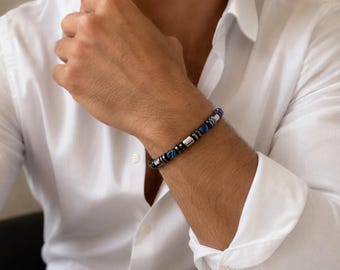 Magnetic bracelet with  blue and Silver magnetic Hematite for Men and Women – Handmade in the USA 100% magnetic bracelet