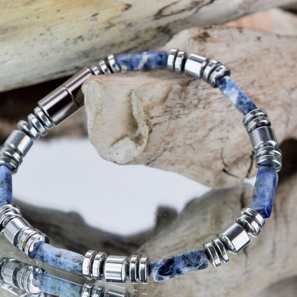 Blue Sodalite Stone Bracelet/Silver Magnetic hematite stones /Blue sodalite healing power of calmness/Magnetic Bracelet/Best Seller !!!