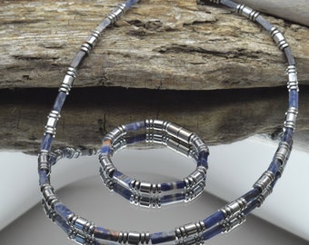Gift Set/Mens Magnetic Necklace & Bracelet SET/Blue Sodalite Stone Bracelet/Silver Magnetic hematite/healing power of calmness/Father's Day