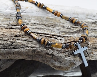 Tiger's Eye Stones/Religious Cross Pendant/Holy Cross Necklace Men's Gift Necklace/Magnetic Clasps/Can ease Chronic pain/reduces inflamation