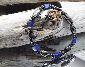 Blue Lapis Lazuli Cube Stone Magnetic bracelet/Men's Women's Magnetic Twist Hematite/Extra Strength Magnetic stones and clasp/made to order