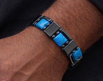 Blue Turquoise and  Magnetic Hematite Triple stranded Bracelet – Men & Women Gift