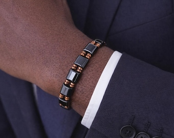 Double hematite with copper accents Magnetic Bracelet – Sleek Black & Copper Gift for Him or Her