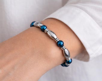 Blue & Silver Magnetic Hematite Bracelet – Elegant Handmade Gift with Extra-Strength Magnetic Clasp