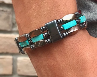 Kupfer & Türkis magnetisches Armband/Halschakras Armband/dreifach magnetischer Hämatit/Klassischer Look/Magnettherapie/Tolles Geschenk