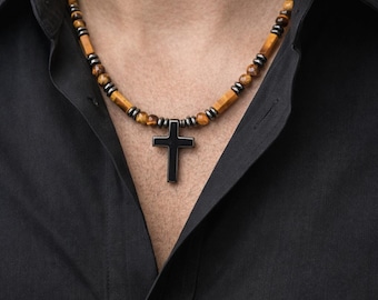 Tiger's Eye Stones/Religious Cross Pendant/Holy Cross Necklace Men's Gift Necklace/Magnetic Clasp/Beautiful Brown Tiger's Eye stones.