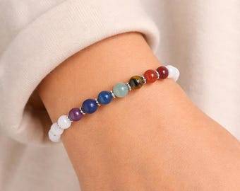 7 Stone Chakra Magnetic Bracelet, White Quartz Gemstone Bracelet, Handmade & Custom Fit, Easy On Magnetic Clasp