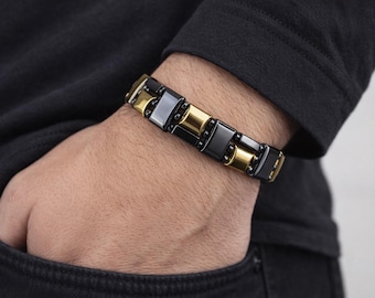 Men's Black & Gold Hematite Magnetic Bracelet | Handmade