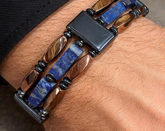 Lapis Lazuli Triple Magnetic Bracelet, Men's Copper Hematite, Handmade