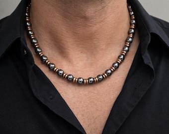 Black & Copper Necklace/Men's magnetic hematite necklace/extra strength magnetic clasp/classic look/Minimalist/custom made to order