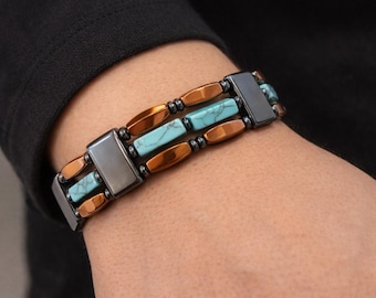 Men’s Turquoise & Hematite Bracelet, Handmade Beaded Magnetic Clasp