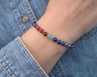 Beautiful 7 Chakra Stone Magnetic Bracelet/7 gemstones/red jasper/carnelian/tiger's eye/jade/sodalite/lapis lazuli/amethyst/6 mm stones