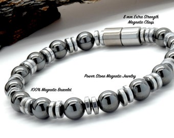 Magnetic Black Bracelet/Shiny black & silver/Extra Strength Magnetic Hematite bracelet~Strong/Magnetic clasp/made to order~/Quick ship