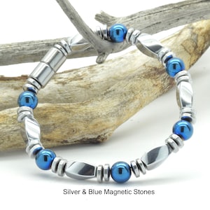 Blue and Silver finish Magnetic Bracelet/Silver Magnetic Hematite/Men&#39;s Women&#39;s Magnetic bracelet/Extra Strength Magnetic clasp/quick ship