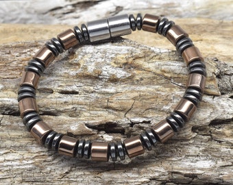 Magnetiskt armband i mörk koppar med svart magnetisk hematit, extra starkt magnetlås, handgjort/snabb leverans/specialtillverkat