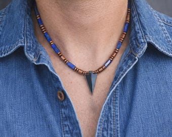 Men's Necklace Lapis Lazuli Stones & Arrowhead Pendant with copper magnetic hematite stones Men's Gift Necklace| Lapis Lazuli stones