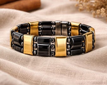 Black & Gold Triple-Strength Magnetic Hematite Bracelet or Anklet – 3-Row Design, Classic Unisex Gift
