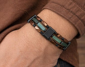 Men’s Magnetic Bracelet Green African Jade Copper Hematite Triple Clasp Handmade