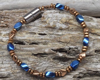 Magnetiska koppar HJÄRTAN & Blått armband/Vackra blå och kopparfärgade magnetiska hjärtstenar/Ökar din blodcirkulation/