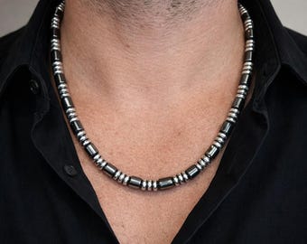 Black & Silver Necklace/Men's magnetic hematite necklace/extra strength magnetic clasp/classic look/Minimalist/custom made to order