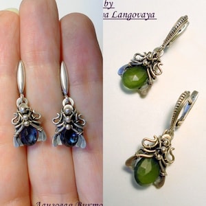 Silver earrings, London blue Topaz earrings, green serpentine silver earrings, unique Wrapped Earrings, Gemstone Earrings, gift for her image 5
