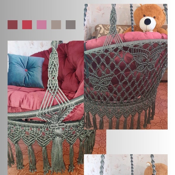 Hanging macrame chair swing, with Pink Cushions, Macrame Hammock, Hanging Wicker Swing, Garden Swing, Beach Hanging Chair