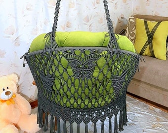 Handmade Macrame Hammock Chair with Cushions, Hanging Woven Swing