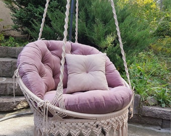 Chic Macrame Hanging Swing Chair: Ivory Shade, Butterfly Detail
