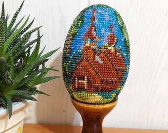 Easter egg beaded on a stand, willow and church - symbols of Easter, embroidered with beads on the Easter egg, Easter gift, Easter decor