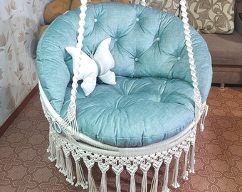 Suspended macramé hammock chair in milky color, with chic soft pillows with tone, Macrame hammock, Hanging woven swing, Outdoor Garden swing