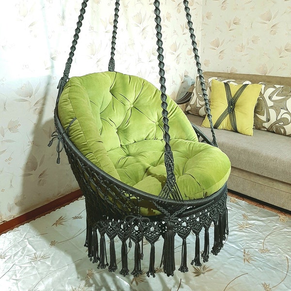 Hanging macrame chair swing, handmade, with cushions, Macrame hammock, Hanging woven swing, Outdoor Garden swing, beach hanging chair